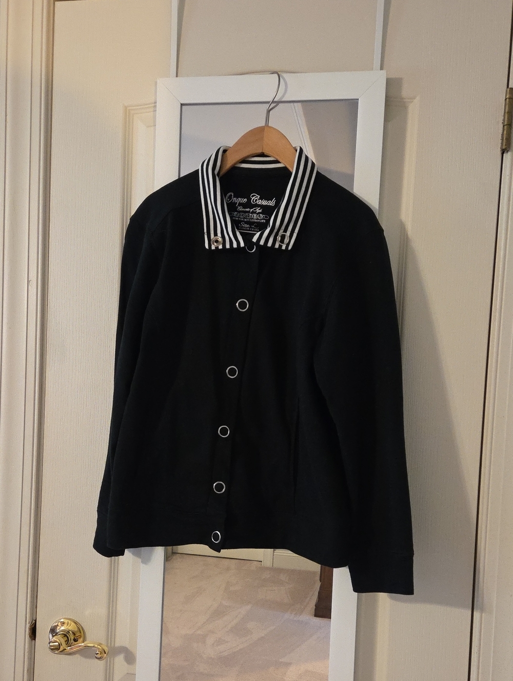Onque Casuals 100% Cotton Black Jacket with Black-and-White Striped Collar